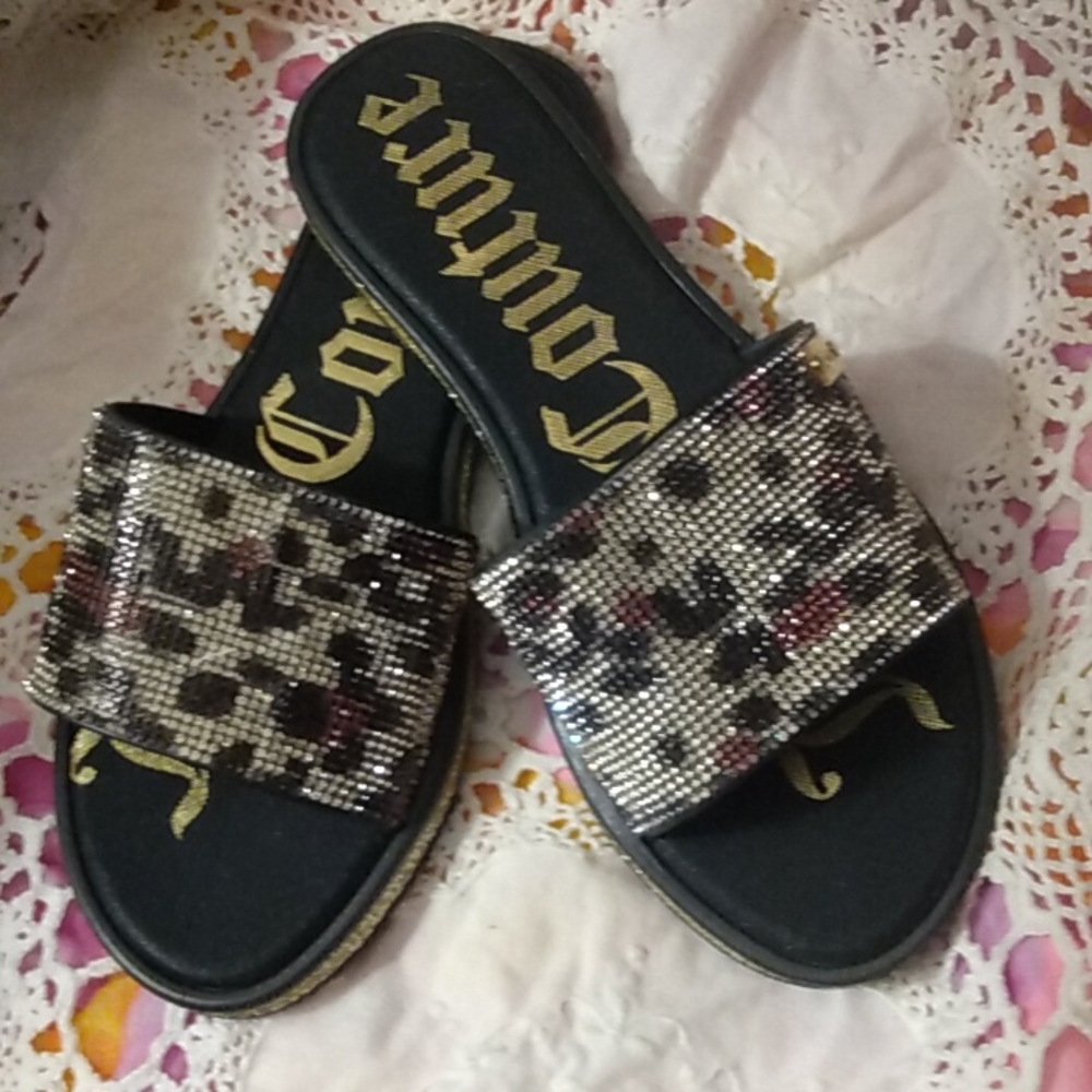 JUICY COUTURE BLINGY GOLD SILVER LEOPARD PRINT SLIDES FLIP FLOP SIZE 6 - Picture 4 of 7